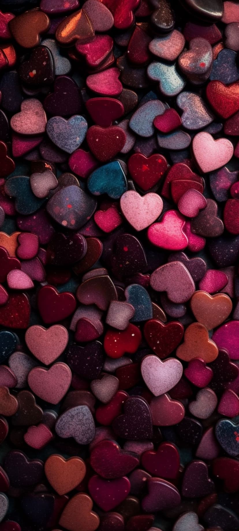 Heart-shaped candies with speckled textures in red, purple, and teal colors arranged in a dense macro pattern.