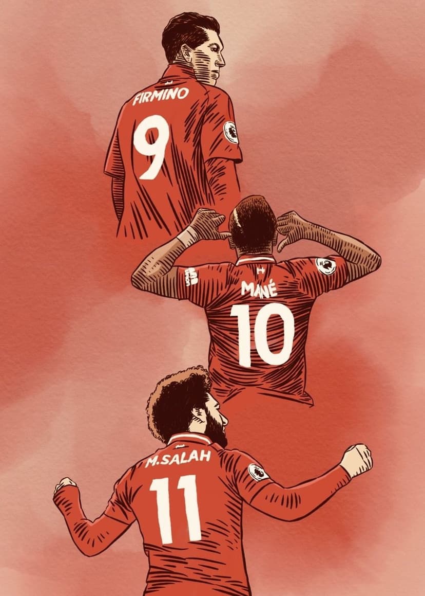 Roberto Firmino, Sadio Mane, and Mohamed Salah wearing red Liverpool jerseys viewed from behind on a red backdrop.