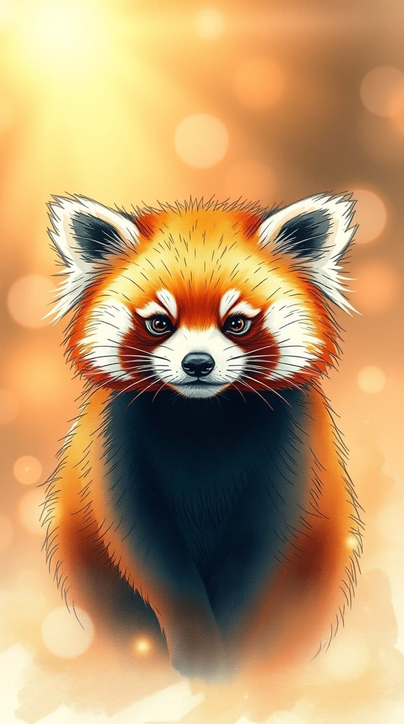 Red panda face with white markings and dark eyes centered against a soft orange and gold bokeh background.