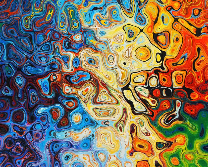 Colorful paint swirls in blue, red, and yellow blend with thick brushstroke textures in an abstract pattern.