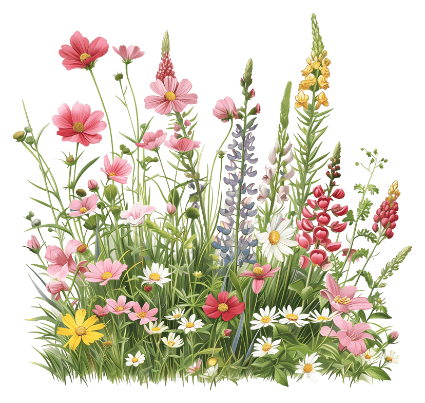 Wildflower meadow illustration showing colorful blossoms, green stems, and diverse floral species on a clear background.