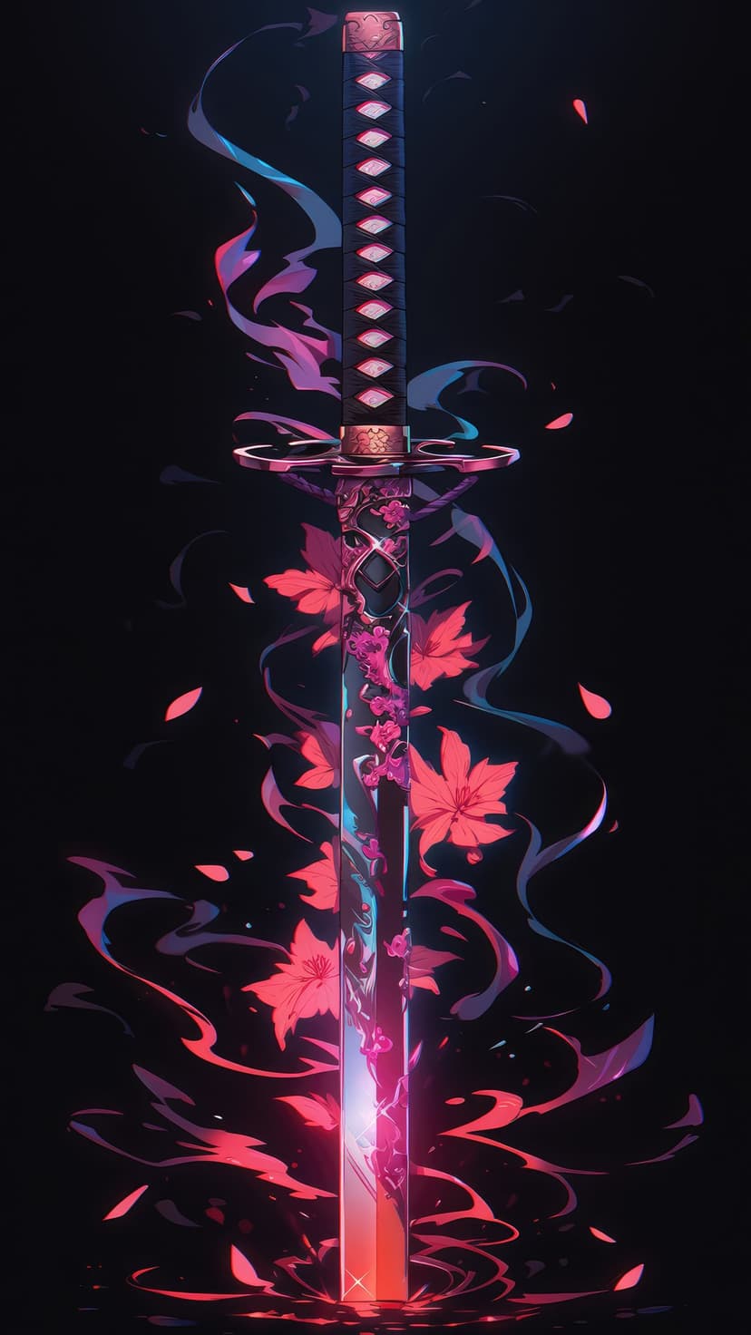 Ornate katana with a glowing translucent blade surrounded by pink cherry blossoms and blue smoke on black.