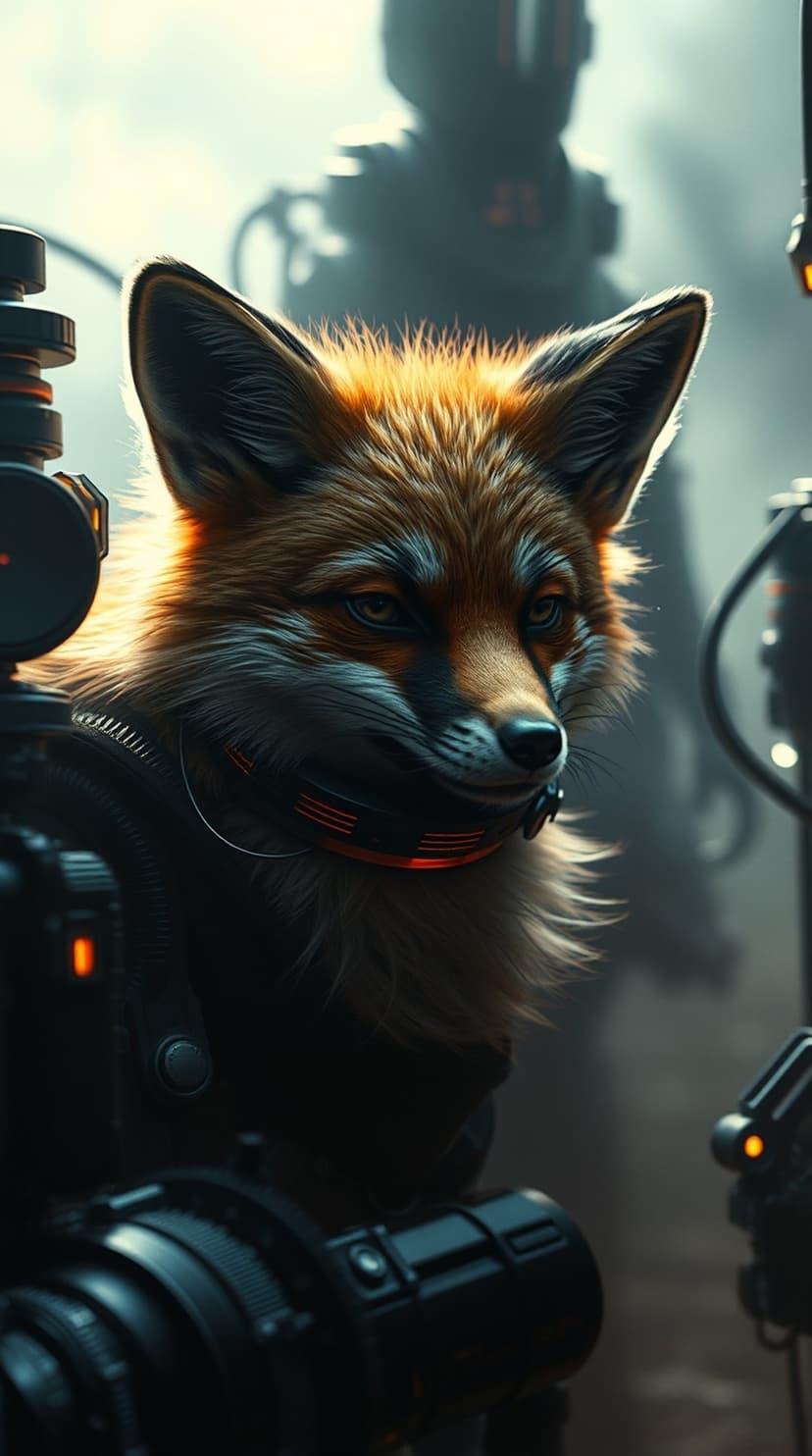 Cybernetic fox with piercing amber eyes and a glowing collar stands before blurred figures in sci-fi armor.