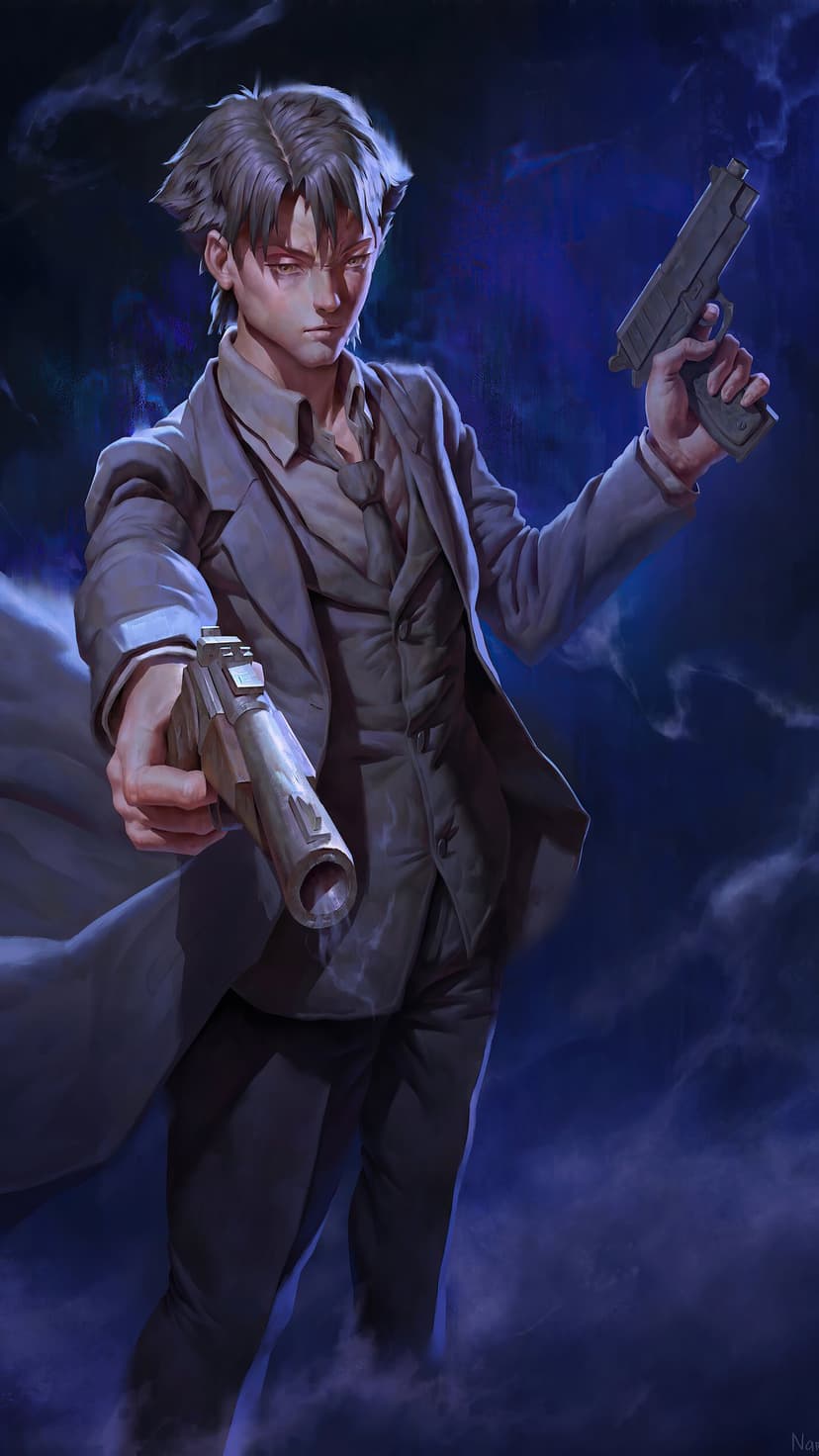 Dark-haired man wearing a black trench coat holds two pistols against a misty midnight blue background.