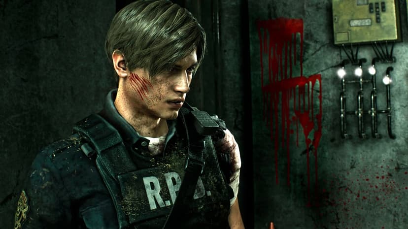 Leon Kennedy with blood on his face wearing an RPD tactical vest against a dark, industrial hallway wall.