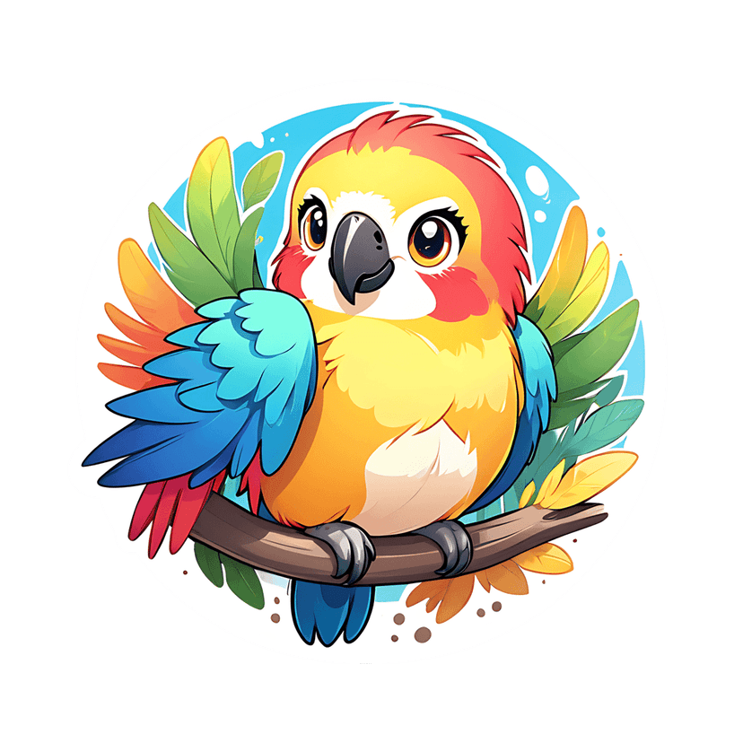 Parrot sticker illustration with red and blue feathers perched on a wooden branch against green leaves.
