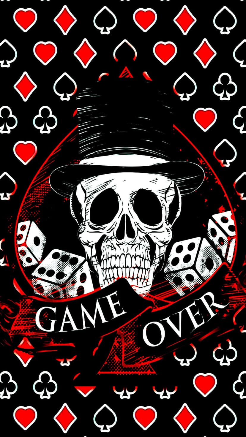 Skull in a black top hat sits above rolling dice and Game Over text over a repeating card suit background.