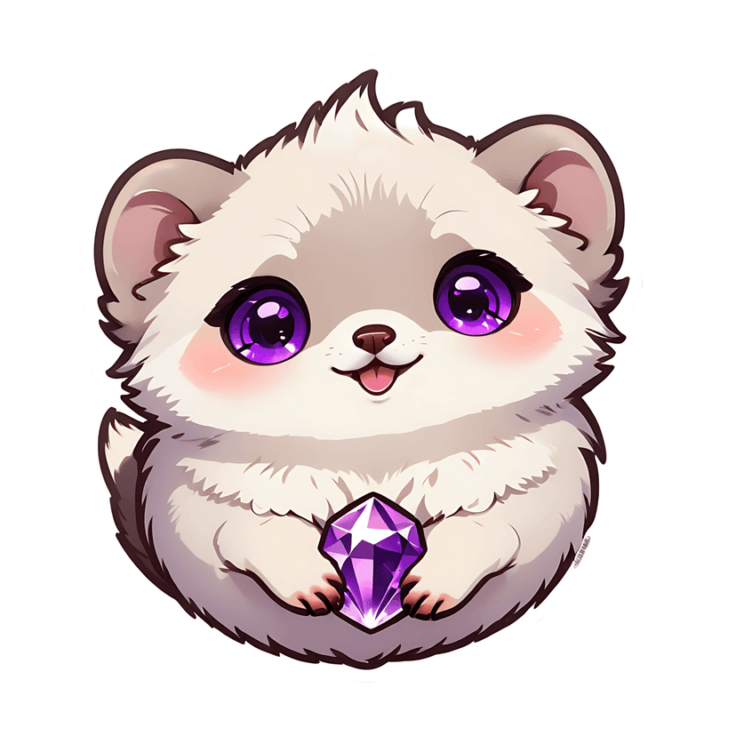 Hamster sticker vector featuring light gray fur, purple eyes, and a smiling face holding a violet gemstone.