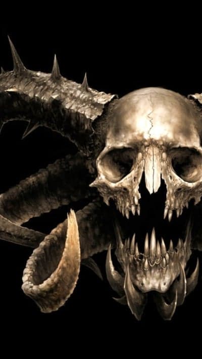 Sinister Demonic Skull with Jagged Horns Phone Background