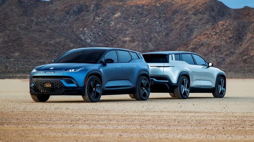 Two Fisker Ocean electric SUVs parked on a sandy desert plain with rugged mountains under soft twilight light.