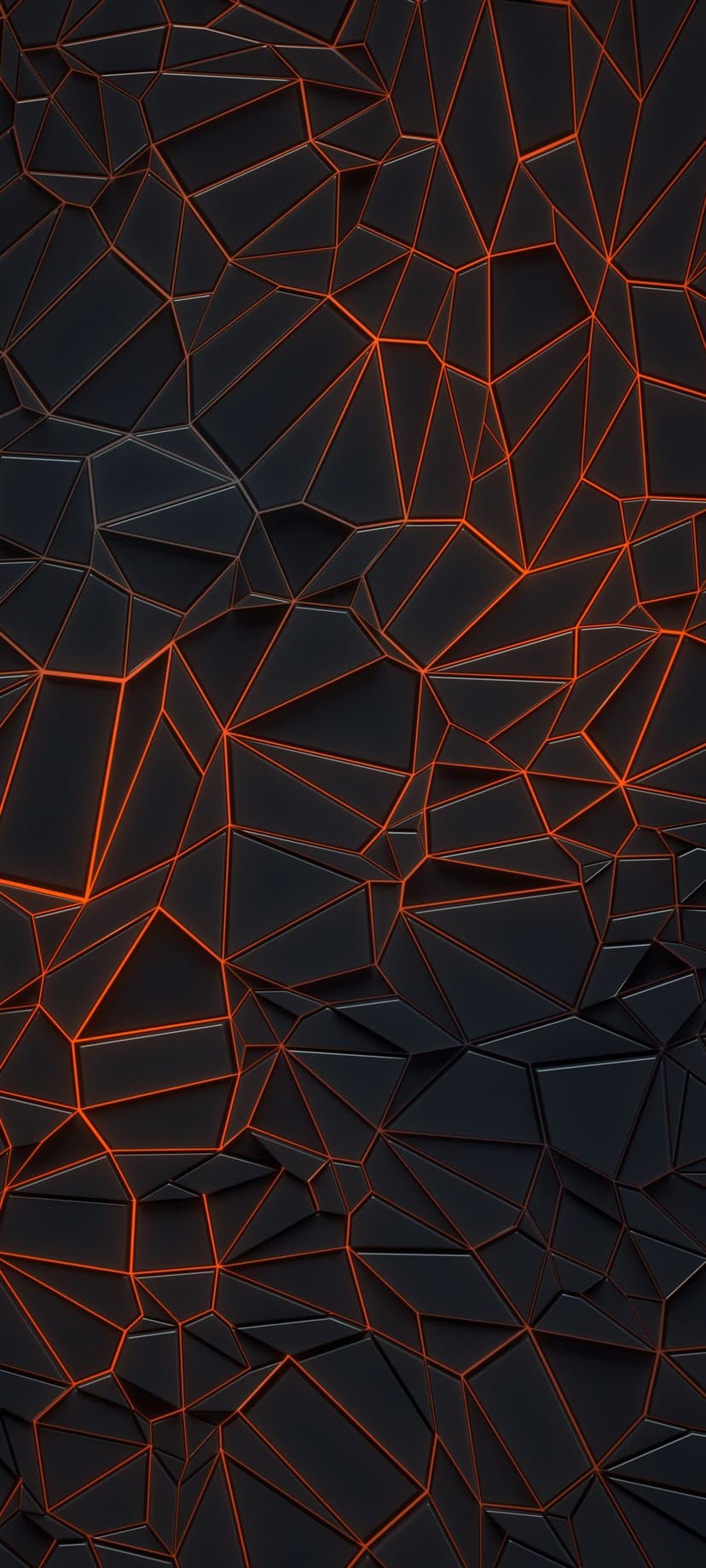 Geometric obsidian shards feature glowing orange neon borders that define sharp edges and deep shadows.