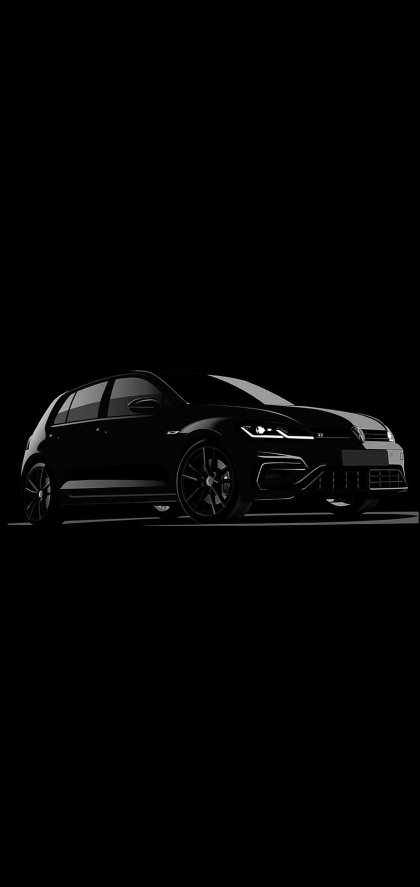 Volkswagen Golf R front profile with glowing headlights emerging from a solid black background in shadow.