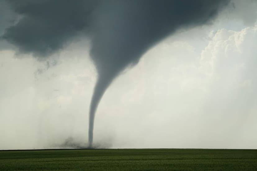 Dark gray tornado funnel touching down in a vibrant green agricultural field under an ominous stormy sky.