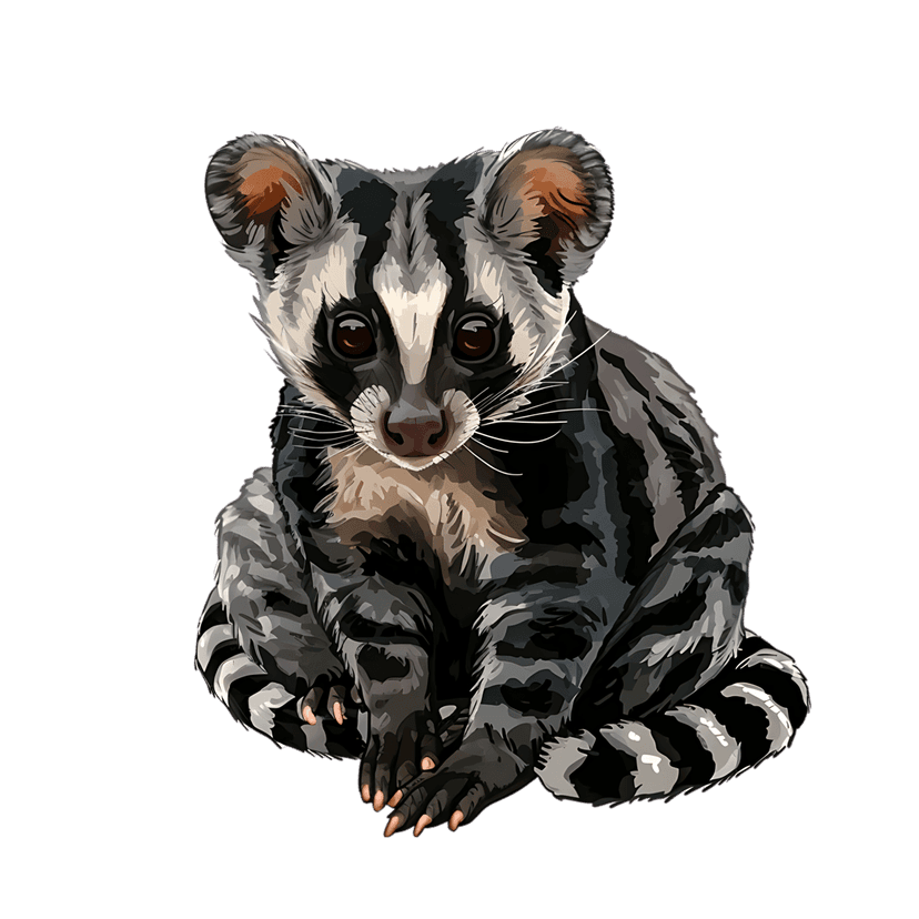 Asian palm civet with a ringed tail sits forward showing grey fur and facial markings on a black background.