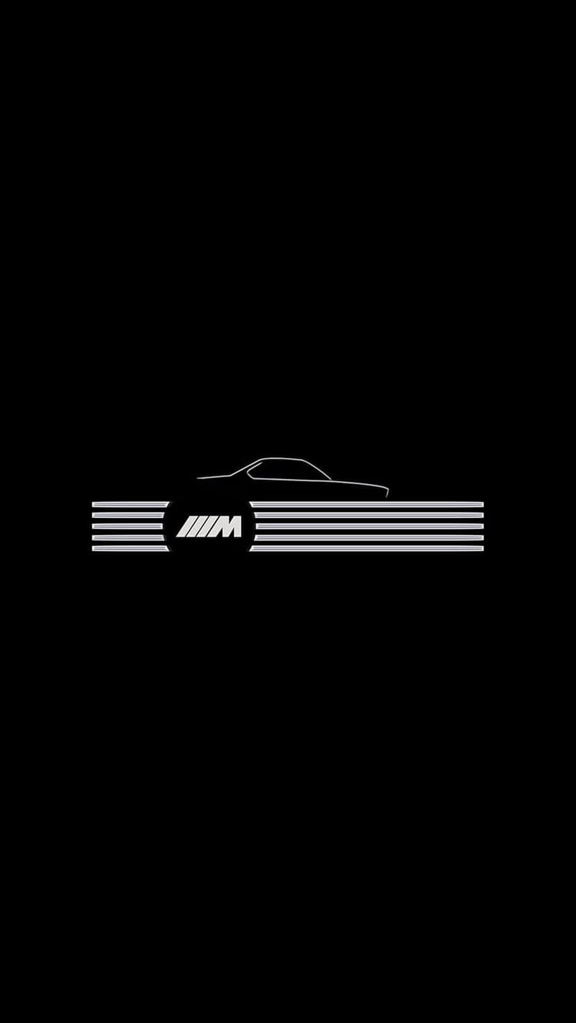 BMW M sports car silhouette with white racing stripes and M logo centered on a solid black background.