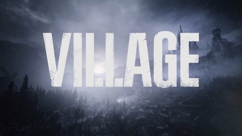 Bold white Village text over a misty mountain landscape with a gothic castle and dark snowy houses in the fog.