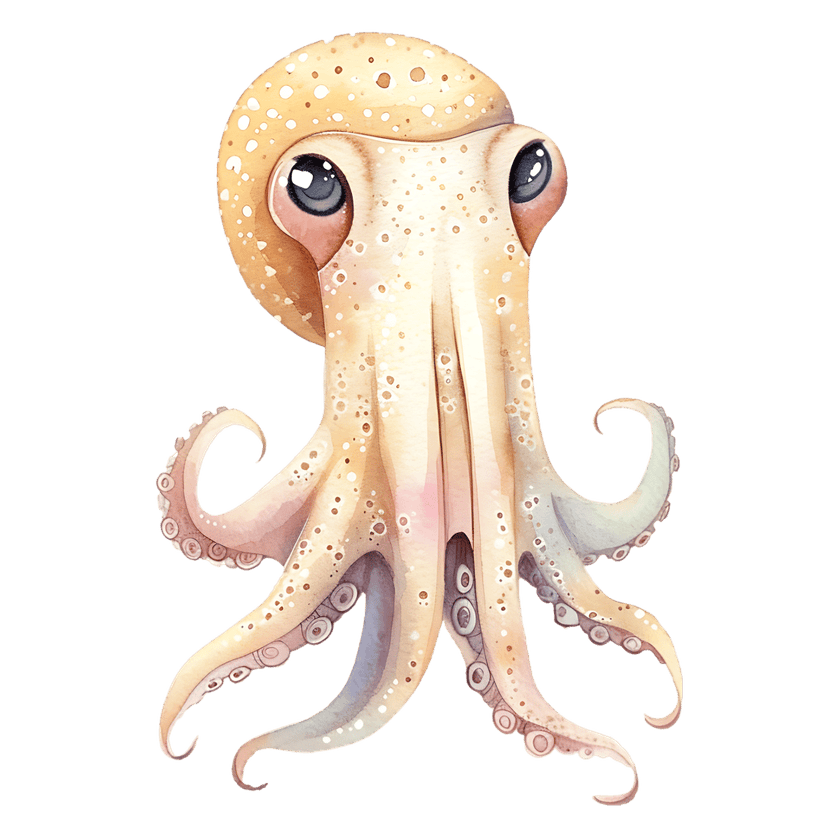 Watercolor octopus featuring large blue eyes and brown spots on its head over a transparent background.