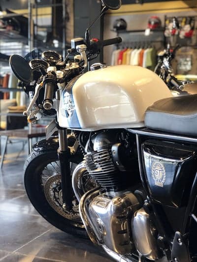 Classic Royal Enfield motorcycle on display in showroom