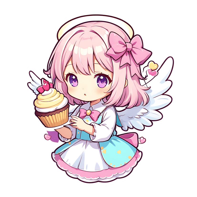 Chibi angel sticker illustration features pink hair, a golden halo, and a heart-topped cupcake in pastel tones.