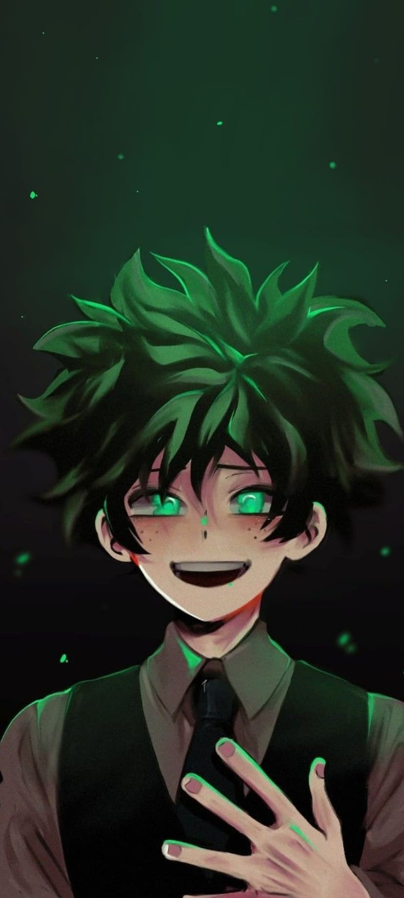 Anime boy with messy green hair, freckles, and a wide smile wears a dark suit against a glowing emerald background.