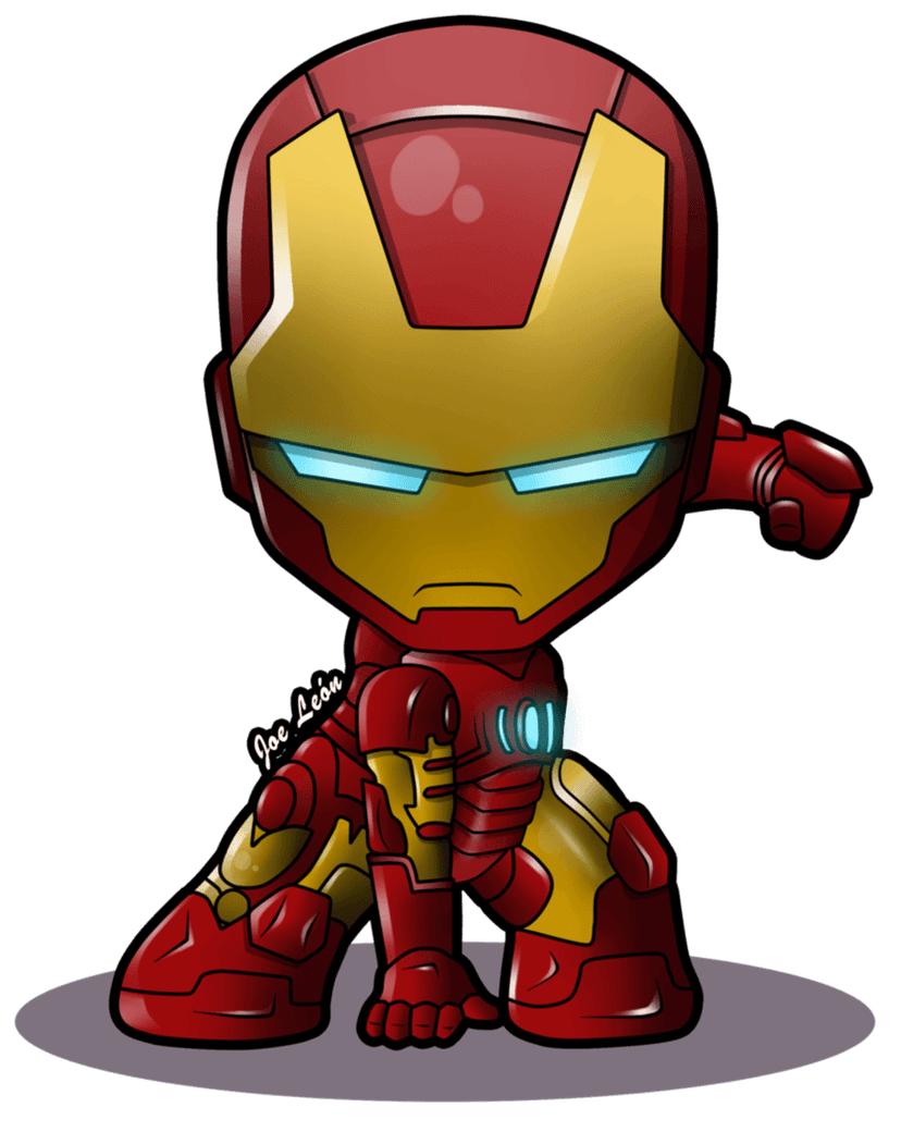 Iron Man chibi character wearing red gold metallic armor with glowing blue arc reactor on a transparent background.
