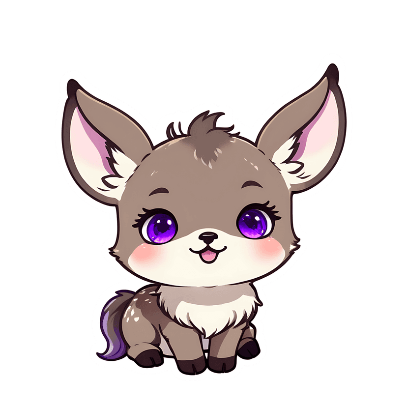 Brown fawn sticker with large purple eyes and white spots sits front-facing against a transparent background.