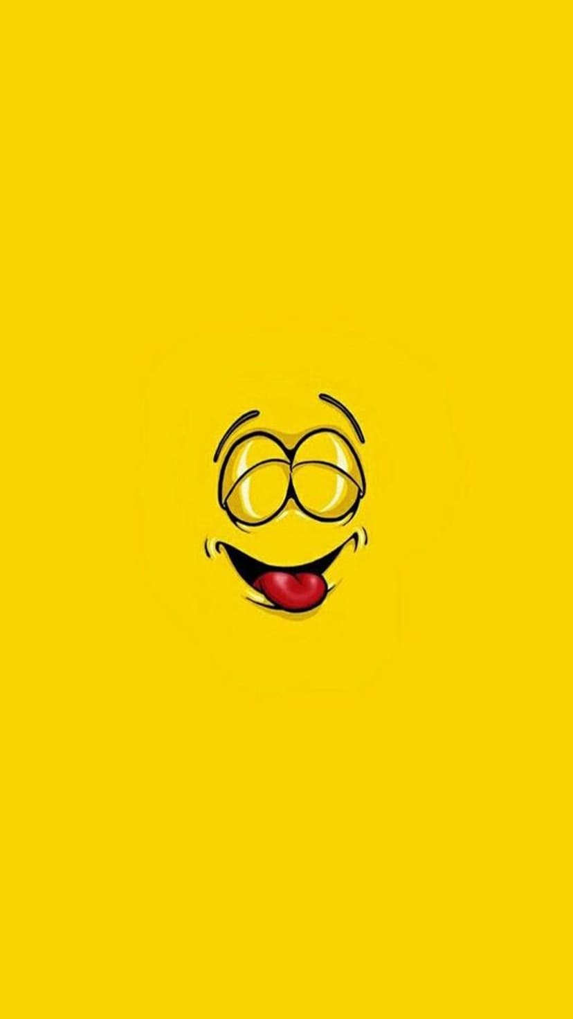 Smiling cartoon face with closed eyes and a red tongue out on a solid bright yellow background for phone screens.
