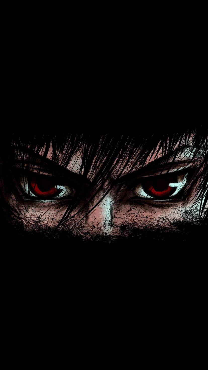 Red irises glow within intense anime eyes framed by messy dark hair against a solid black background.