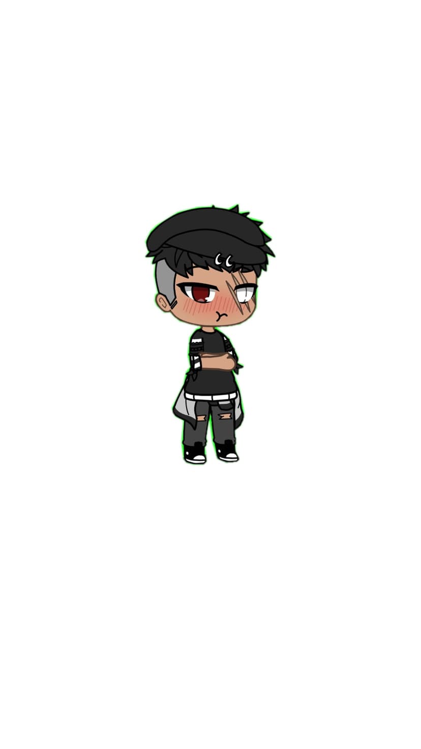Anime boy with red eyes and facial scars wearing a black t-shirt and distressed jeans against a clean backdrop.