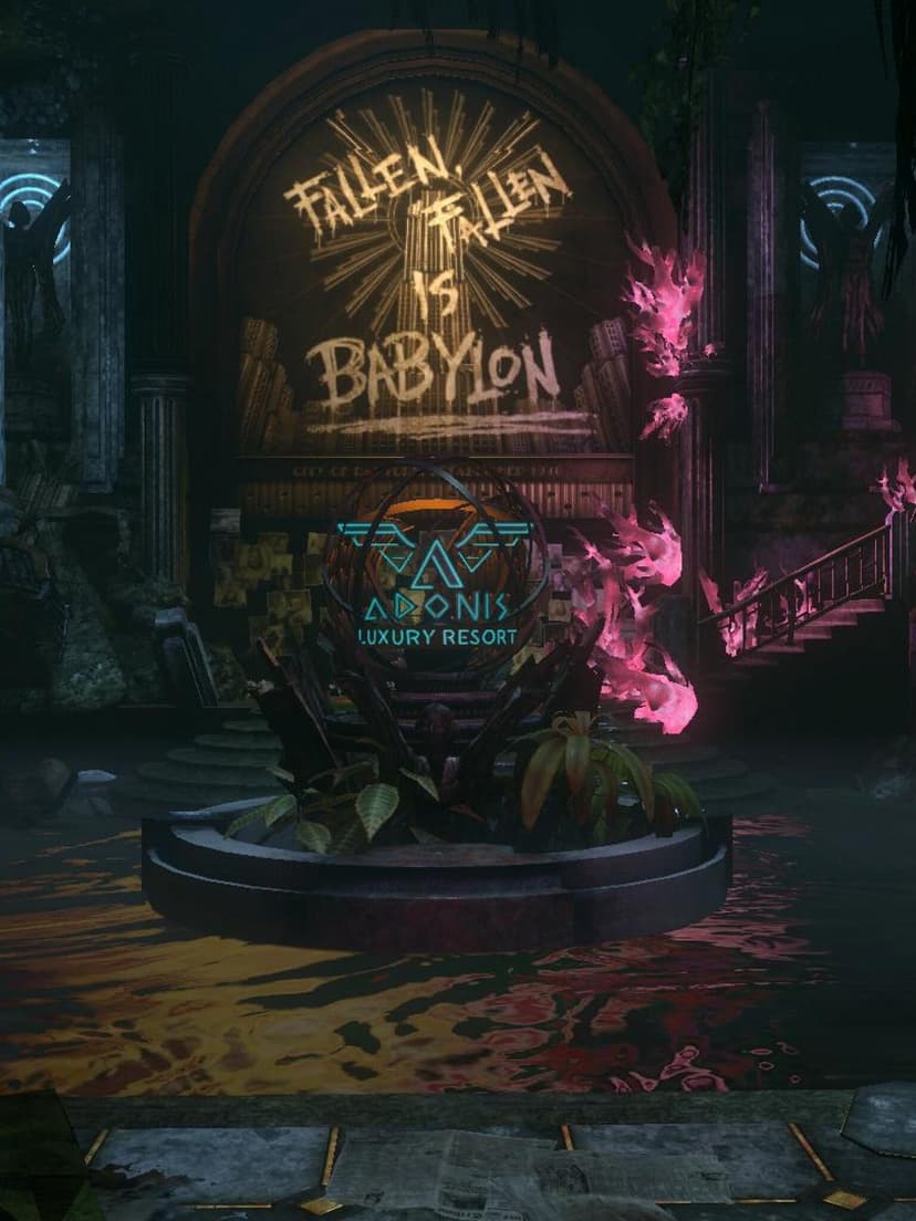 Ruined Art Deco fountain with Adonis neon sign and Fallen is Babylon graffiti in a dark underwater city.