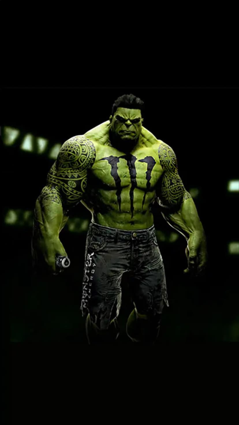 Hulk with a green Monster Energy tattoo on his chest and tribal art on his arms stands against a dark background.