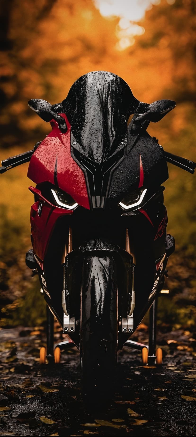 Red and black sportbike front view with water droplets on the fairing, parked on wet leaf-strewn ground.