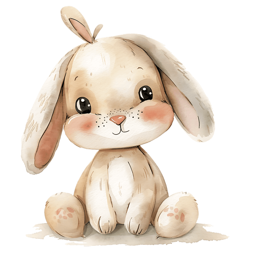Watercolor bunny rabbit sitting upright featuring cream fur, pink inner ears, and soft painterly brushstrokes.