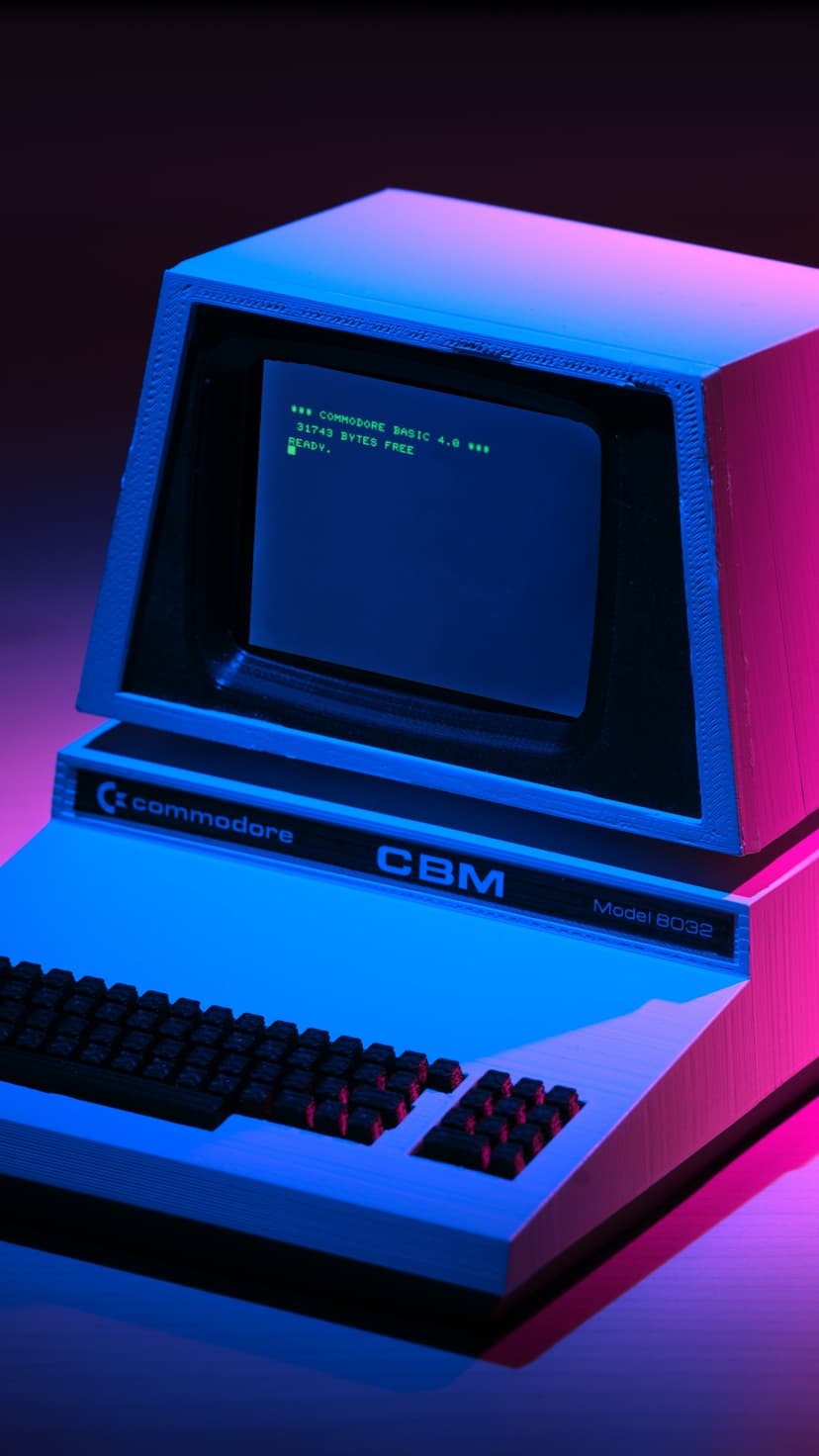 Commodore CBM 8032 computer with a glowing green CRT screen illuminated by blue and pink neon studio lighting.