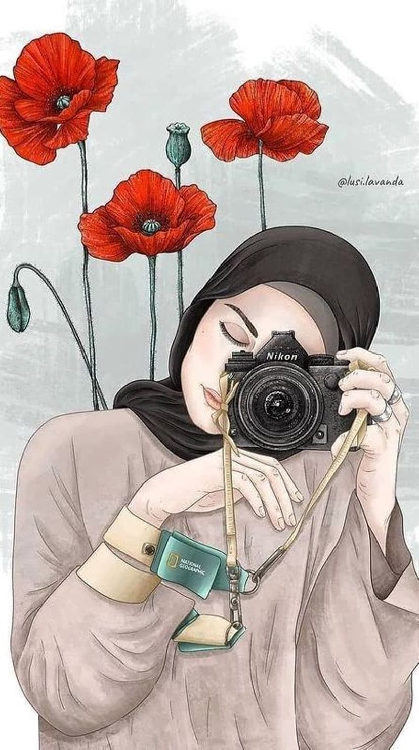 Muslim woman in a hijab holding a camera while kneeling in a field of blooming red poppies under soft light.
