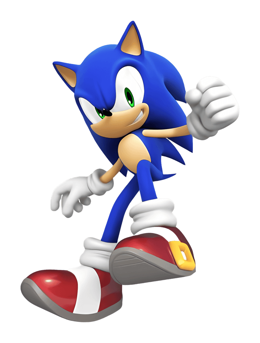 Sonic running forward at high speed features a blue hedgehog in motion with red power sneakers and white gloves.