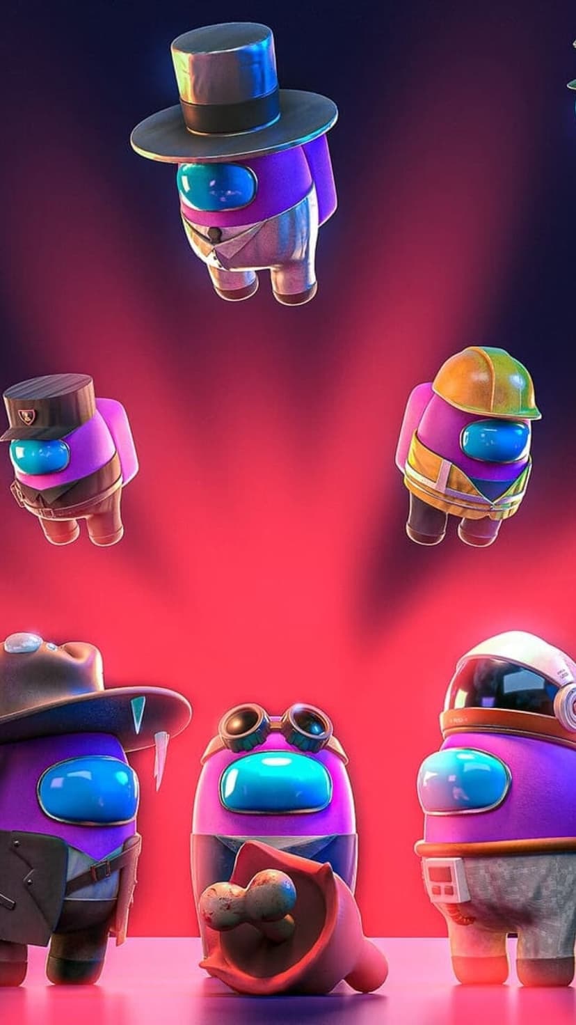 Six purple Among Us characters in diverse hats and outfits against a red spotlight background for mobile screen.