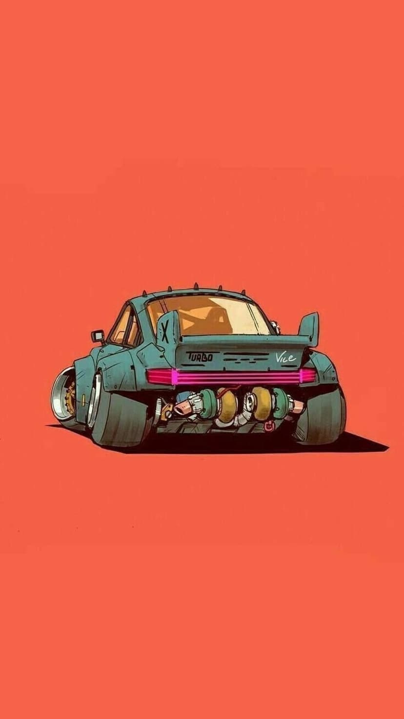 Teal retro car with massive turbochargers and a rear spoiler stands out against a flat coral orange background.