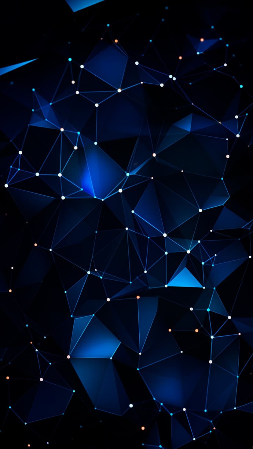 Blue geometric network lines connect luminous white and orange nodes over a dark, deep-space background.