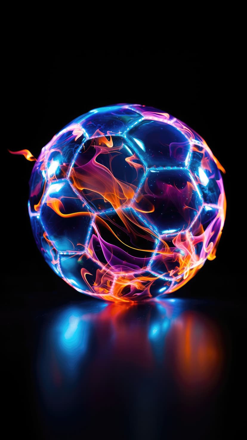 Soccer ball engulfed in orange and violet flames with glowing blue outlines and reflections on dark glass.