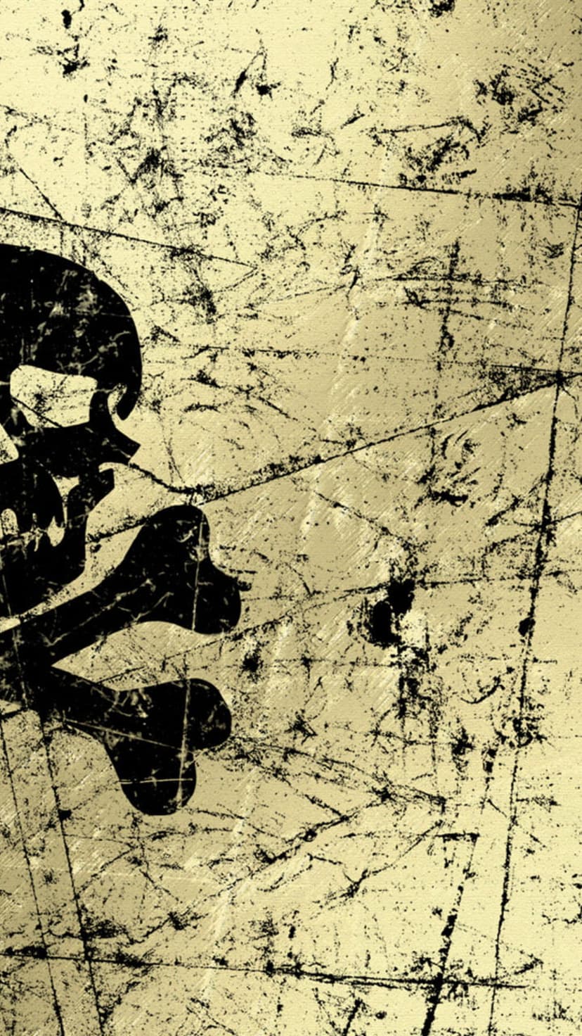 Weathered black skull and crossbones silhouette on a scratched pale yellow background with a gritty texture.
