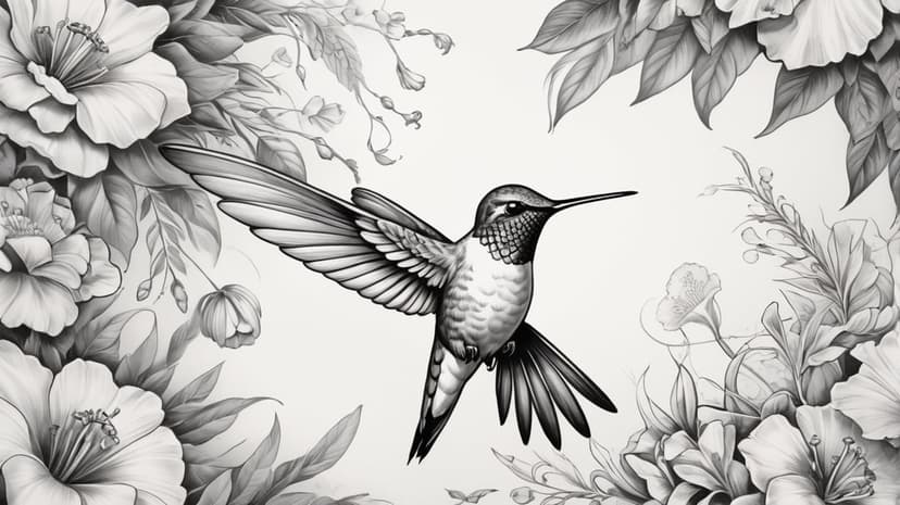 Hummingbird hovers with spread wings amidst intricate floral petals in a monochrome botanical composition.