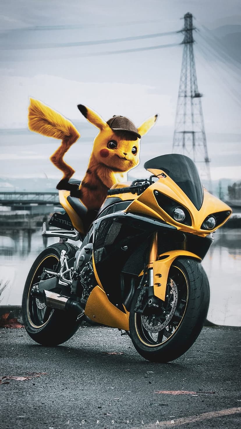 Pikachu wearing a detective hat sits on a yellow sports motorcycle with an industrial bridge in the background.