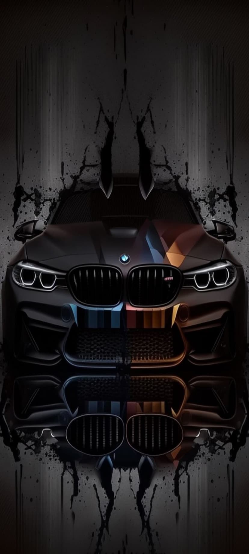 BMW M car with glowing headlights and colorful paint splatters reflected on a dark glossy floor surface.