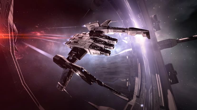 Massive industrial spaceship docked inside a high-tech space station with purple nebula and red light flares.