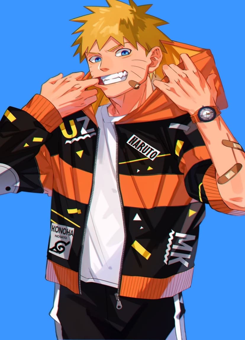 Naruto Uzumaki with spiky blonde hair wears a striped orange and black streetwear jacket against a blue background.