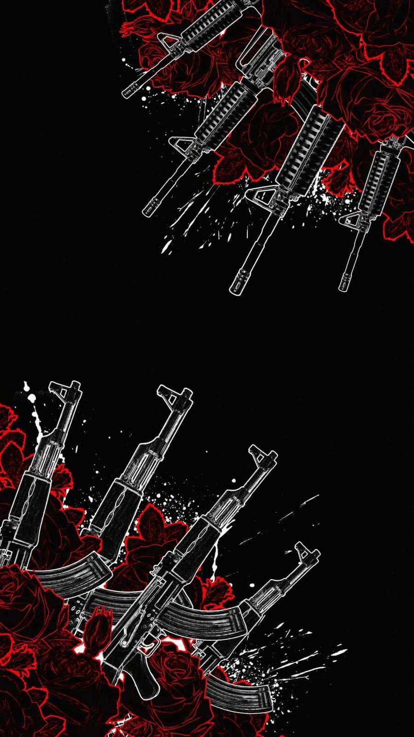 Crimson roses bloom amidst charcoal-colored handguns and tactical firearms against a solid black background.