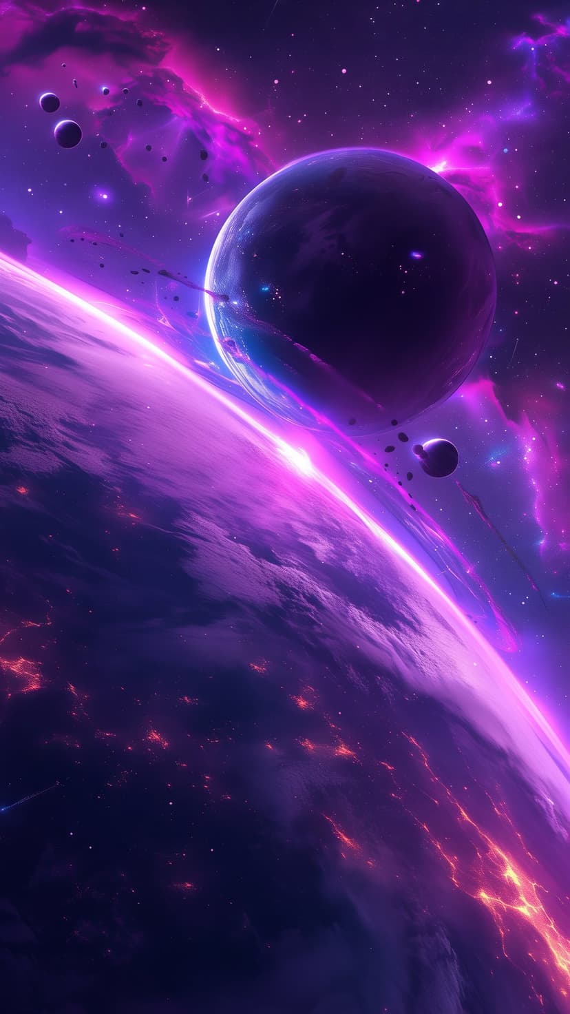 Glowing purple planet with a bright light streak orbits a dark celestial body amid a swirling violet space nebula.