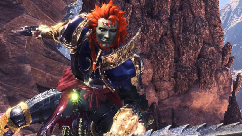 Armored warrior with spiky orange hair and grey skin posing in a rocky canyon during a hunt.