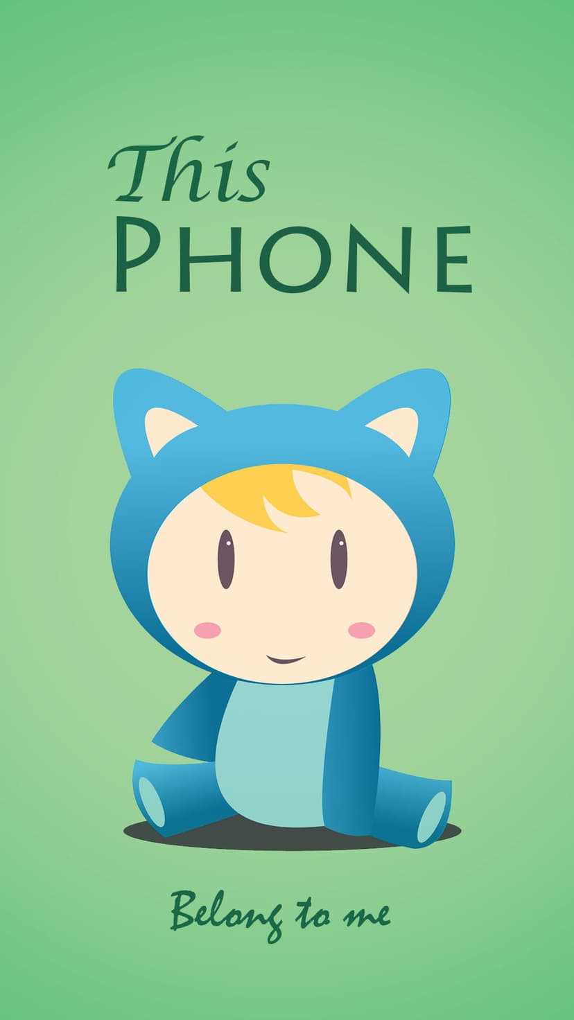 Toddler in a blue cat onesie sits against a green backdrop with text claiming ownership of the phone screen.